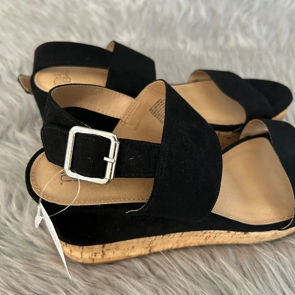 Time And Tru Wedge Sandals Womens Size 9 Black Heeled Sandals Open Toe Shoes